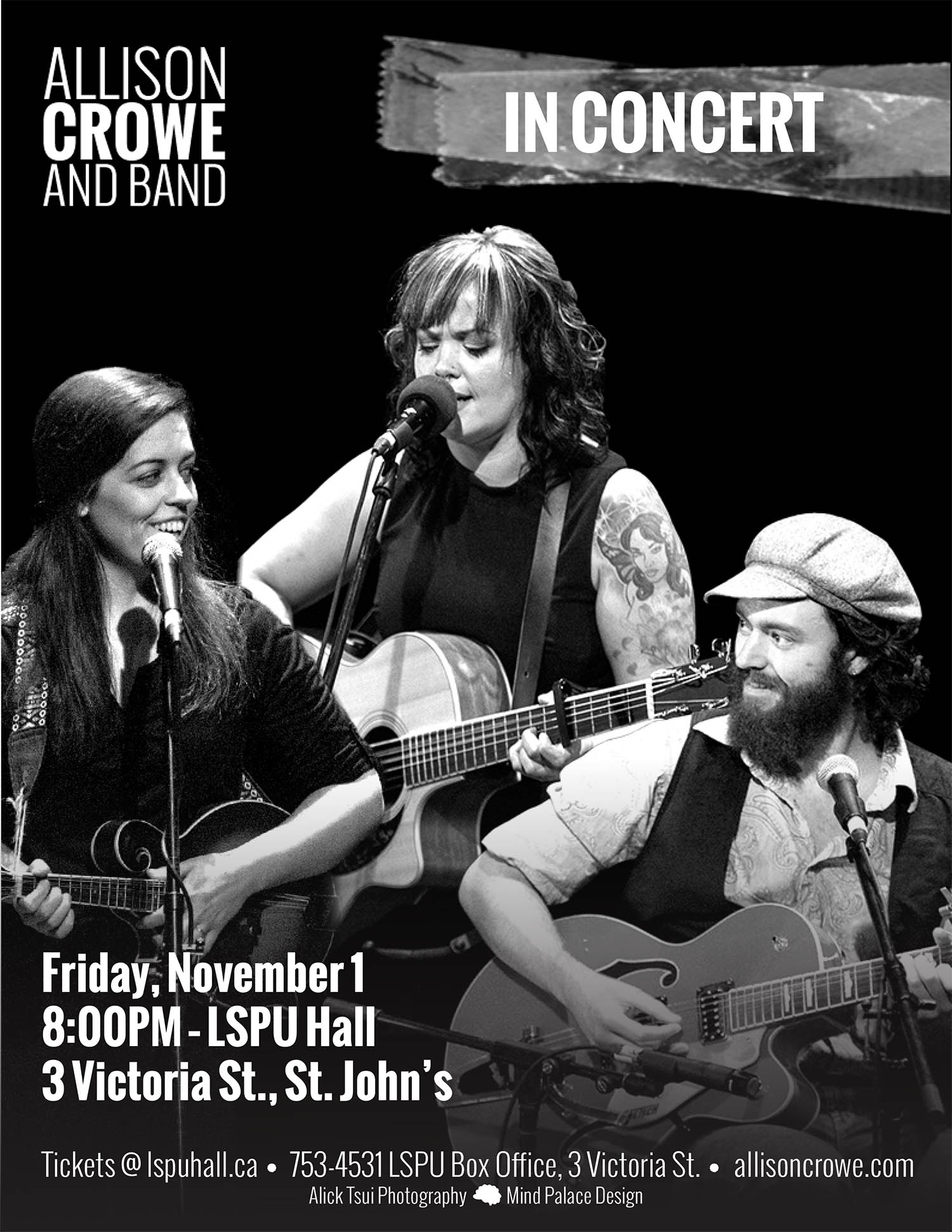 Poster for Allison Crowe and Band in Concert. Photo of the band performing live, three musicians on guitar. Two women, one man.