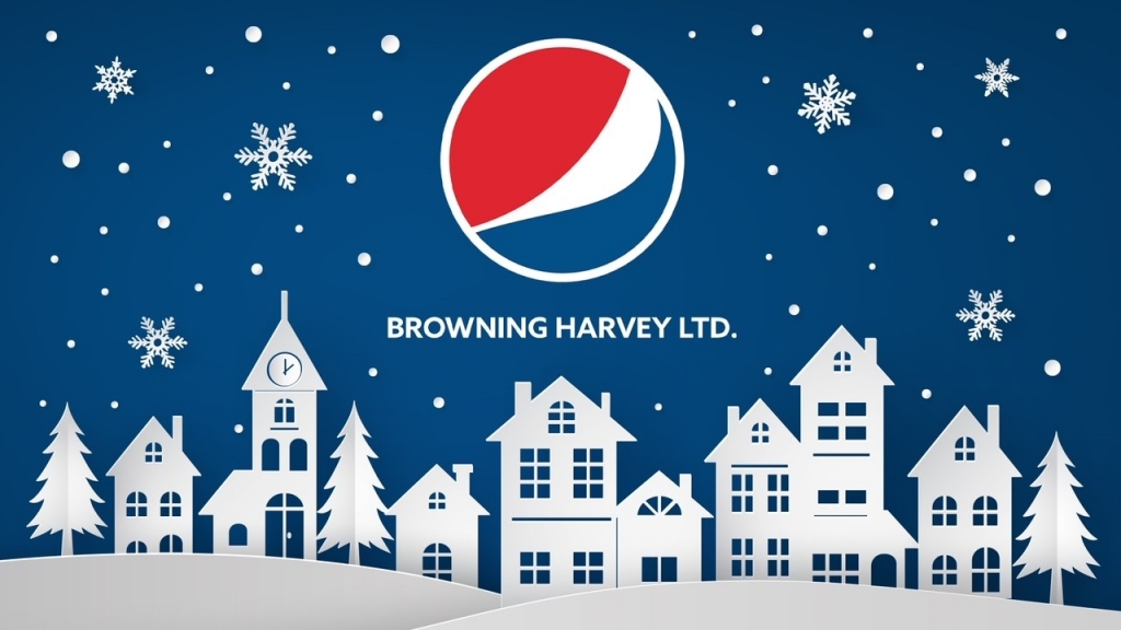 Browning Harvey logo over a white snowy town.